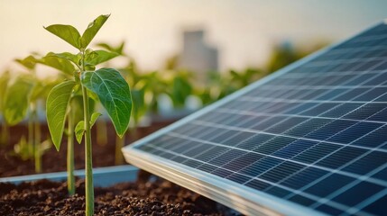 Fototapeta premium Urban Rooftop Solar Panels in a Garden Setting