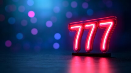 Lucky Seven, Red Neon 777 Sign Against a Dark Background, Symbol of Luck and Jackpot, Gambling Theme