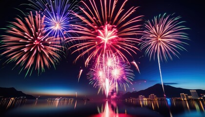 Beautiful firework display for celebration on the river