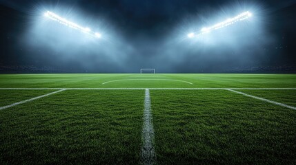 Obraz premium Massive stadium lights lighting up the soccer field, casting long shadows across the pitch under the dark sky.