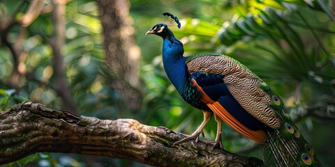 Obraz premium A peacock perches on a tree branch, its vibrant blue and green plumage standing out against the lush foliage.