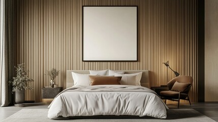 Minimalist bedroom featuring a mockup frame for wall art, perfectly styled to create a warm and inviting atmosphere in home interiors.