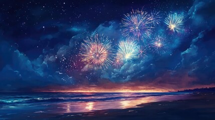 Bright fireworks in the night sky over a South Asian beach, celebrating the night with room for text