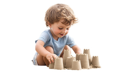 Young child building sandcastles on the beach during a sunny day, deeply engaged in creative play while enjoying summer.