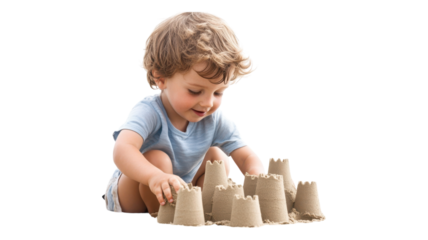 Young child building sandcastles on the beach during a sunny day, deeply engaged in creative play while enjoying summer.
