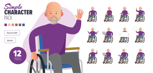 Simple flat 2d disabled old senior male vector character in a wheelchair in a set of multiple poses. Easy to edit. Modern trendy style character mega pack with lot's of poses.