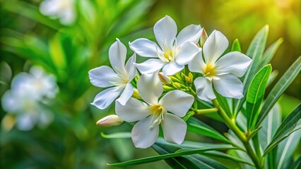 Obraz premium Photo of white oleander with green leaves and flowers in nature