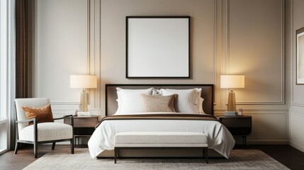 Modern bedroom interior showcasing a wall frame mockup for art or posters, blending elegance with comfort in a chic design.