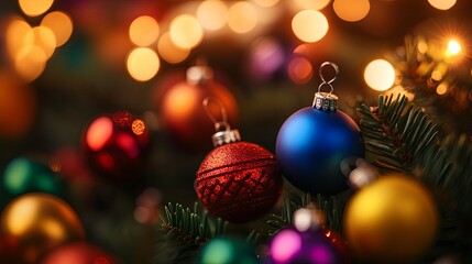 Colorful Christmas ornaments on a festive tree