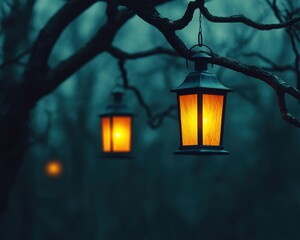 Vintage Halloween Lanterns Hanging from Twisted Tree