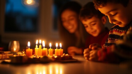 Family celebrating a cozy candlelit gathering