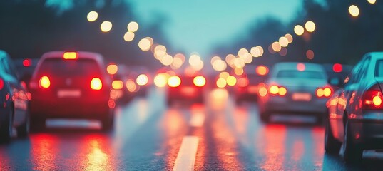 Traffic Jam on Wet Asphalt Road, Headlights and Taillights Illuminate the Evening Commute