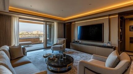 Fototapeta premium Modern luxury apartment room with a cozy balcony, cushioned chairs, and a sleek television setup