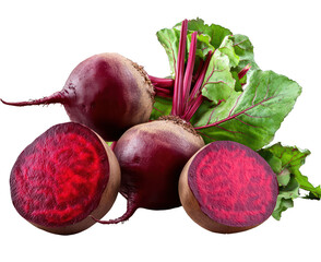 Repeated collection of halved red beets with foliage on a clear backdrop.