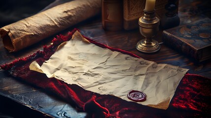 Old vintage paper document with a red wax seal, lying on a wooden table, with an old book, a scroll, a candle, and a velvet cloth.