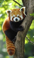 Obraz premium A red panda perches on a tree branch, looking directly at the camera with its bushy tail curled around the trunk.