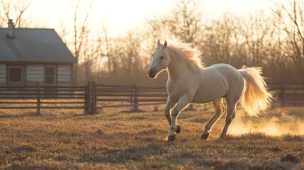 Obraz premium A white horse gallops through a field at sunset, kicking up dust with its powerful legs, with a rustic cabin and wooden fence in the background.