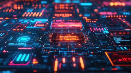 Obraz premium Neon lines and HUD interface elements, with futuristic 3D layers showcasing abstract digital data