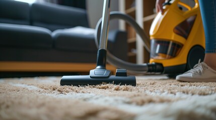 Fototapeta premium Realistic photograph of a Woman using a vacuum cleaner while cleaning carpet in the house