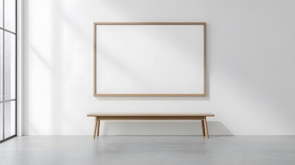 Blank mockup template of a wide, horizontal framed artwork in a minimalistic gallery with a clean and neutral backdrop.