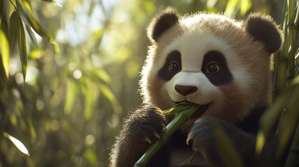 Obraz premium Close-up of a panda bear eating bamboo, green bamboo forest in the background with room for copy space.
