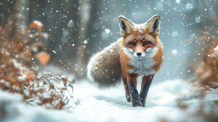 Fototapeta premium Close-up of a fox standing in a snow-covered forest, soft wintery background with room for copy space.