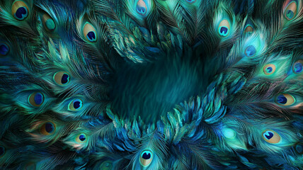 Abstract pattern of peacock feathers, vibrant blue and green colors with space for text in the center.