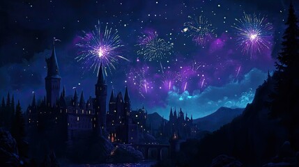 Obraz premium Cartoon fireworks burst in the night sky over a European castle, with ample space for celebratory messages