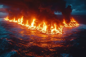 Fiery Ocean Horizon with Smoke and Waves