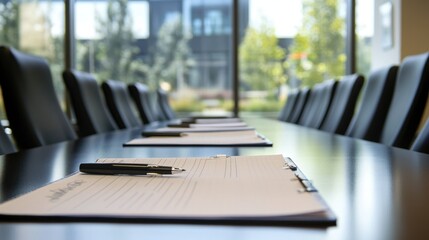 Ready for a meeting: a notepad and pen neatly placed on the table in a corporate conference room