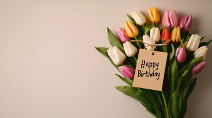 Fototapeta premium vibrant bouquet of colorful tulips with charming tag that reads Happy Birthday, perfect for celebrating special occasions and spreading joy