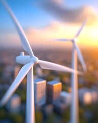 Wind turbines overlooking a modern cityscape at sunset