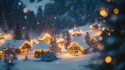 Fototapeta premium Sunset casting a warm glow on snow-covered rooftops of a Christmas-lit village nestled in the mountains.