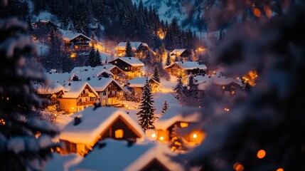 Sunset casting a warm glow on snow-covered rooftops of a Christmas-lit village nestled in the mountains.