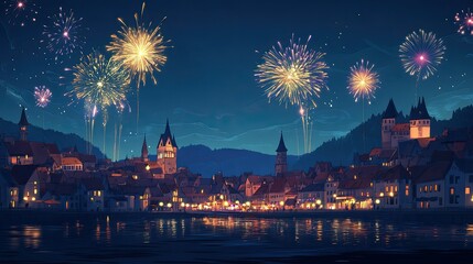 Fototapeta premium Cartoon fireworks display over a European city skyline, celebrating with room for text