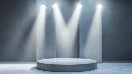 Gray floor podium dramatic empty night room table concrete, Minimalistic black and gray podium with dramatic lighting, empty round gray podium with steps on a background of glowing lamps