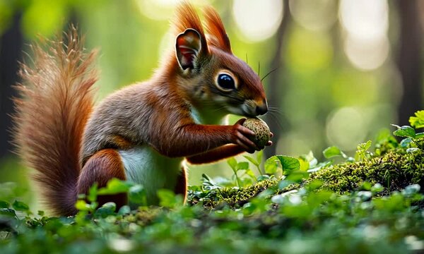 A close-up of a squirrel holding a nut in a lush, green forest setting.