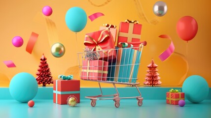 Fototapeta premium Festive shopping cart with colorful gift boxes and balloons for Black Friday designed for social media