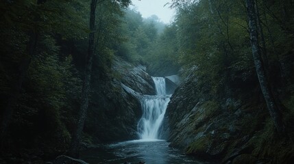 Obraz premium A cascading waterfall flows through a lush, misty forest.