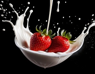 fruit milk strawberry splash isolated berry yogurt food background white falling fresh cream wave ingredient macro liquid design red juicy ripe organic group drink swirl sweet