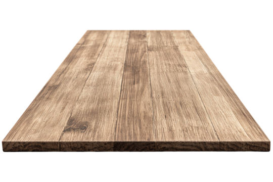Wooden tabletop, perspective view on white isolated background, transparent background