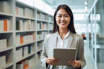 Obraz premium Smiling asian middle age women holding tablet computer office adult.