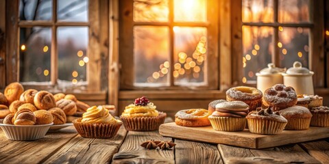 Assorted Baked Goods Displayed on Wooden Tabletop in Front of Cozy Window with Golden Hour Light
