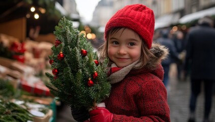 Little Girl in Winter Wear and Red Hat Holding Christmas Tree at City Market, Looking Happy While Family Shops for Holiday Season Decorations