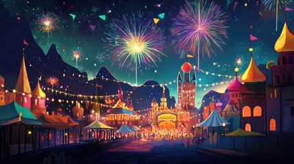 Fototapeta premium Cartoon illustration of a European festival with vibrant colors and fireworks, with ample copy space