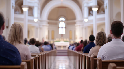 serene church interior with people seated in pews, focusing on altar. atmosphere is peaceful and reflective, inviting contemplation and connection