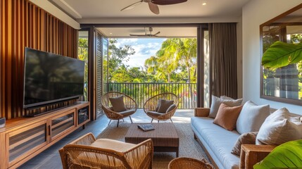 Spacious luxury apartment room with a cozy balcony setup, featuring chairs, cushions, and a large TV