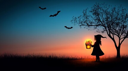 Fototapeta premium Little witch holding a glowing candy bucket, standing under a spooky tree with bats flying overhead, Halloween trick-or-treat, magical moment