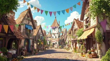 Obraz premium Cartoon street party in a European village with banners, streamers, and space for festive text