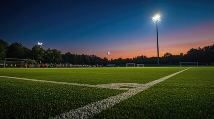 Obraz premium Stadium lights piercing the night sky, illuminating the soccer field with a bright glow as the players prepare for kickoff.
